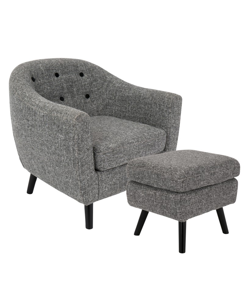 Rockwell Mid-Century Modern Accent Chair and Ottoman in Dark Grey Noise Fabric