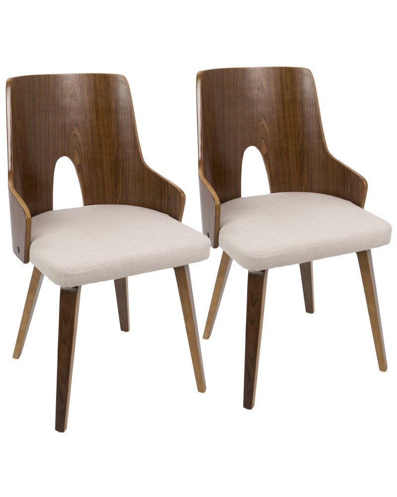 Ariana Mid-Century Modern Dining/Accent Chair in Walnut and Beige Fabric - Set of 2