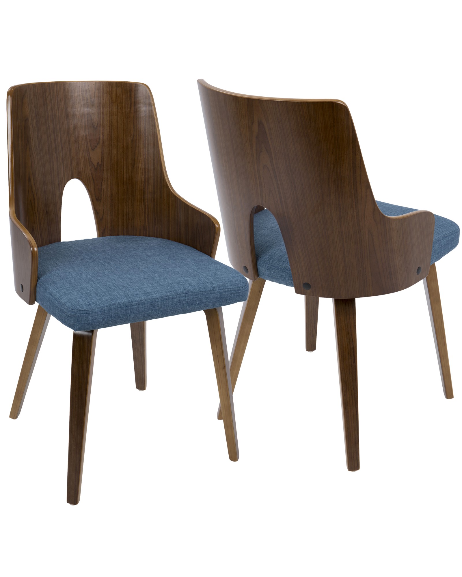Ariana Mid-Century Modern Dining/Accent Chair in Walnut and Blue Fabric - Set of 2