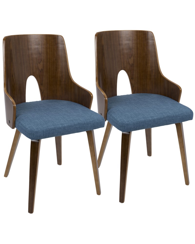 Ariana Mid-Century Modern Dining/Accent Chair in Walnut and Blue Fabric - Set of 2