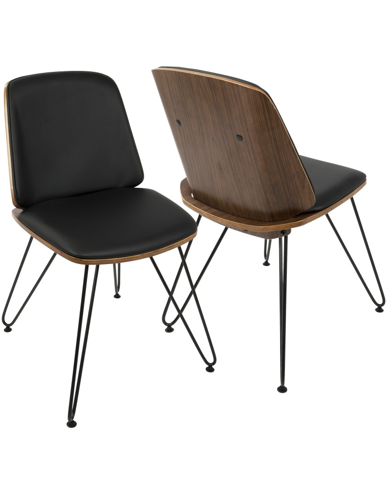 Avery Mid-Century Modern Dining/Accent Chair in Walnut Wood and Black Faux Leather - Set of 2