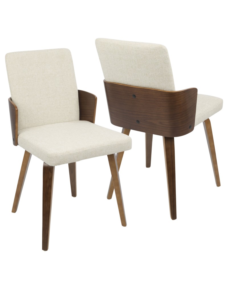 Carmella Mid-Century Modern Dining/Accent Chair in Walnut and Cream Fabric - Set of 2