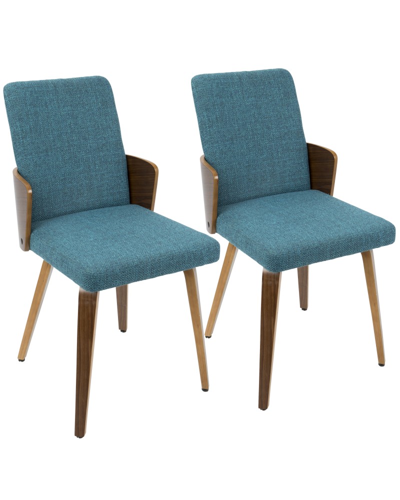 Carmella Mid-Century Modern Dining/Accent Chair in Walnut and Teal Fabric - Set of 2