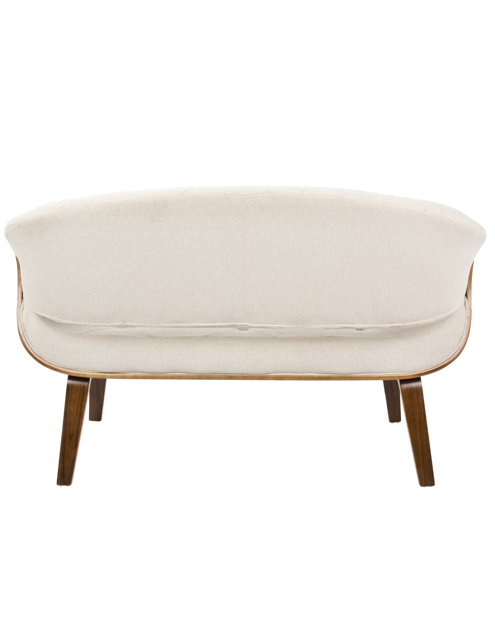 Curvo Mid-Century Modern Tufted Settee in Walnut and Cream Fabric