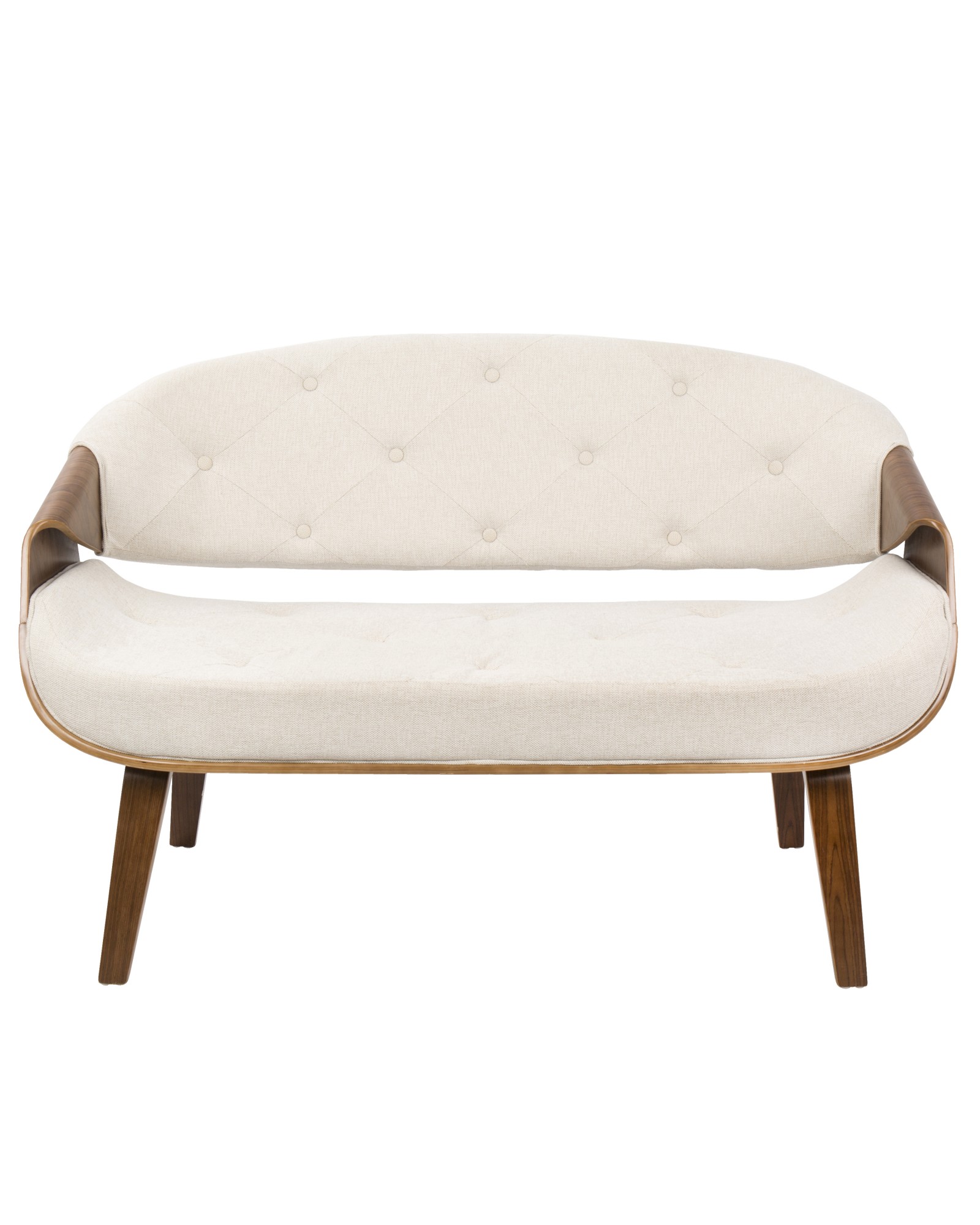 Curvo Mid-Century Modern Tufted Settee in Walnut and Cream Fabric