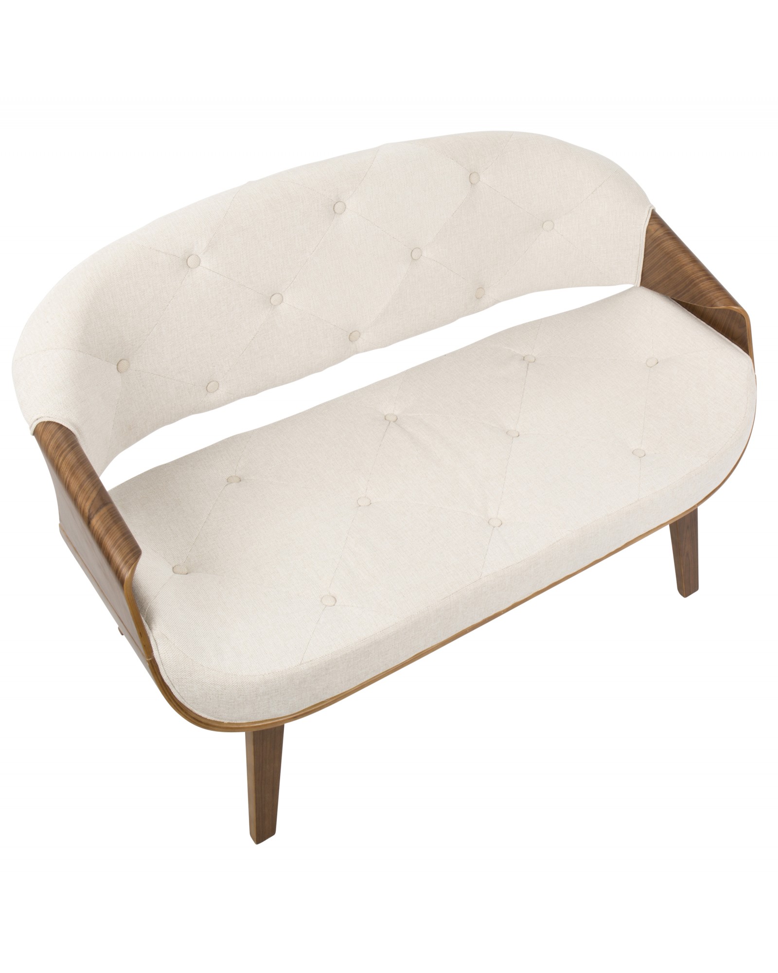 Curvo Mid-Century Modern Tufted Settee in Walnut and Cream Fabric