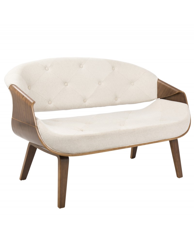 Curvo Mid-Century Modern Tufted Settee in Walnut and Cream Fabric