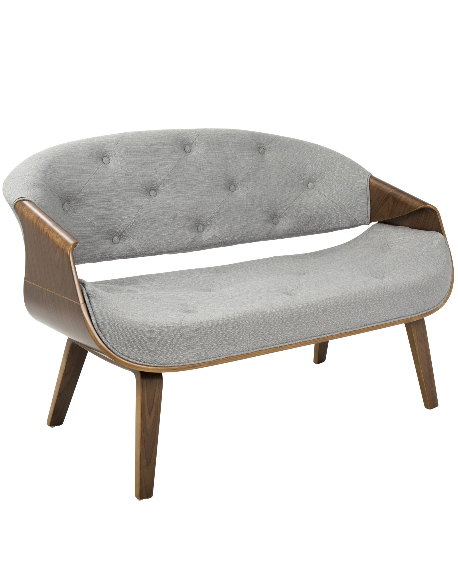 Curvo Mid-Century Modern Tufted Settee in Walnut and Grey Fabric