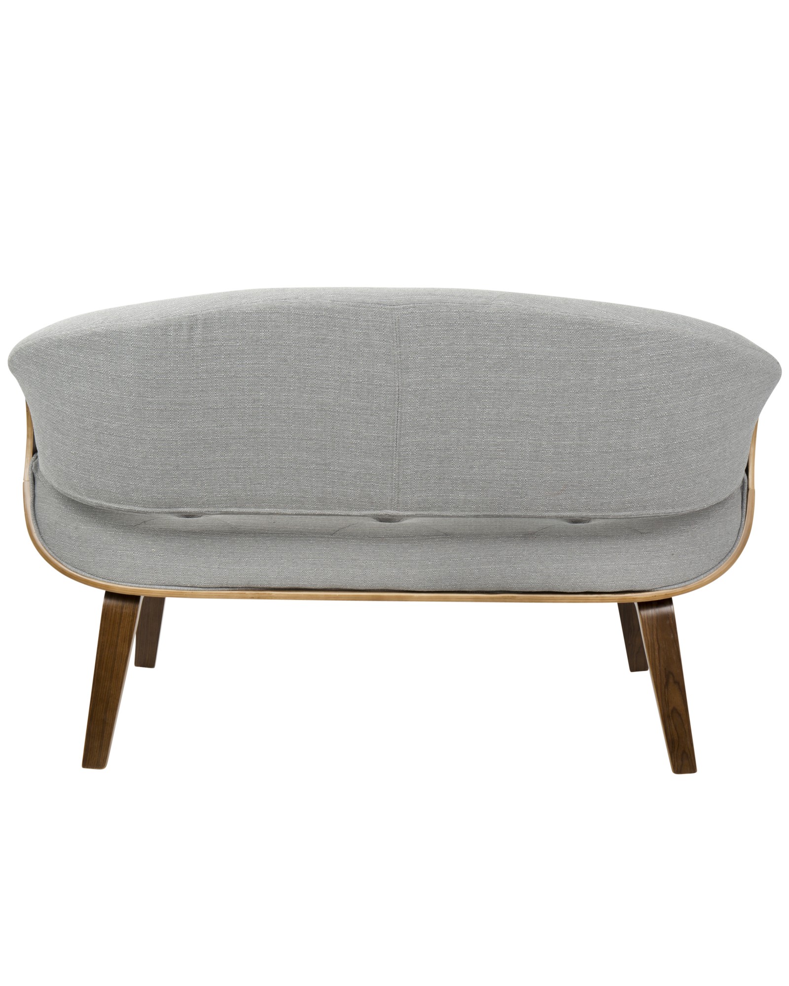 Curvo Mid-Century Modern Tufted Settee in Walnut and Grey Fabric