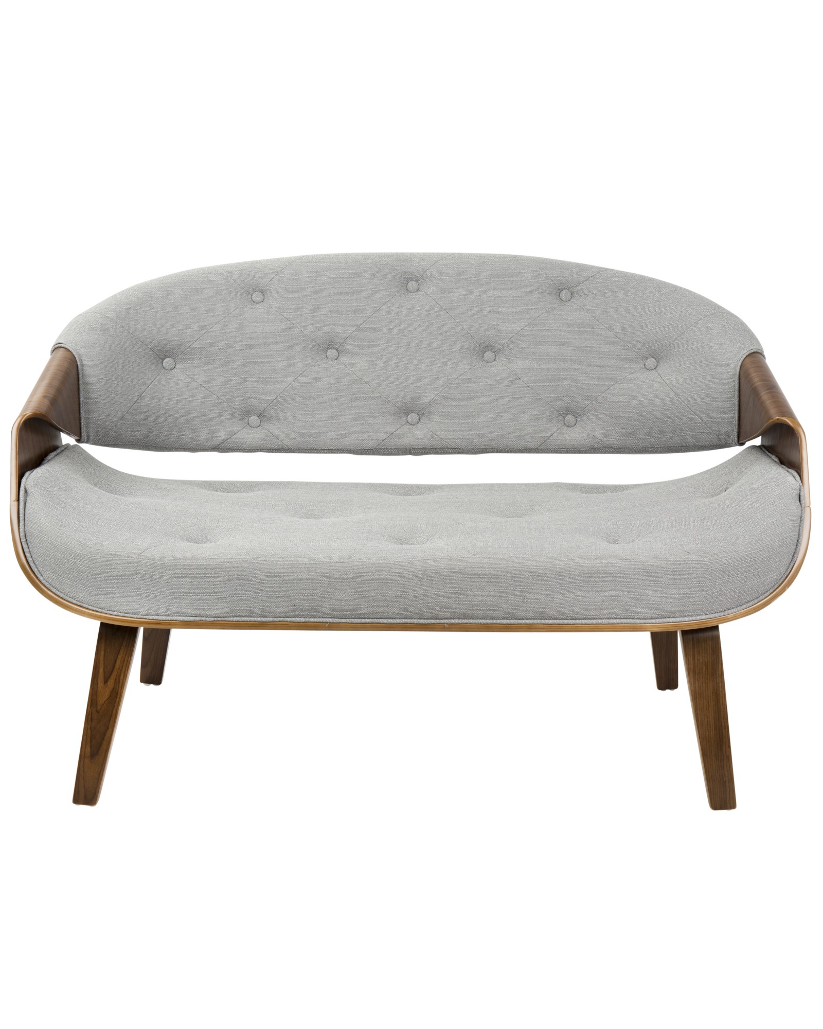 Curvo Mid-Century Modern Tufted Settee in Walnut and Grey Fabric