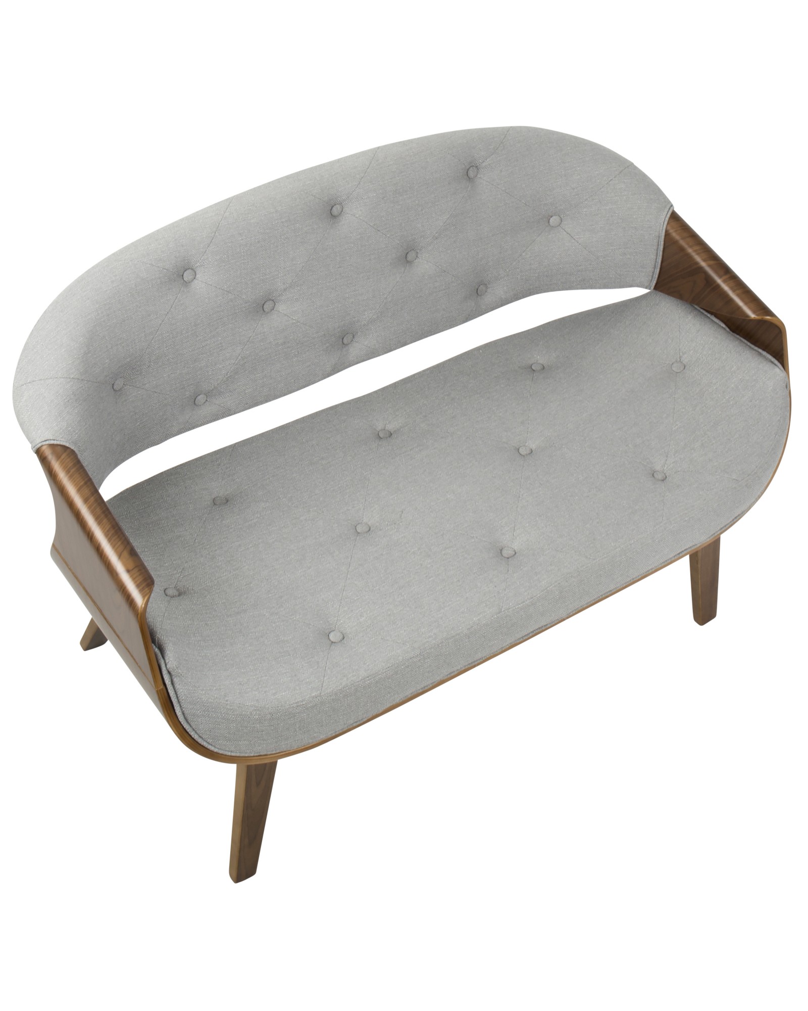 Curvo Mid-Century Modern Tufted Settee in Walnut and Grey Fabric