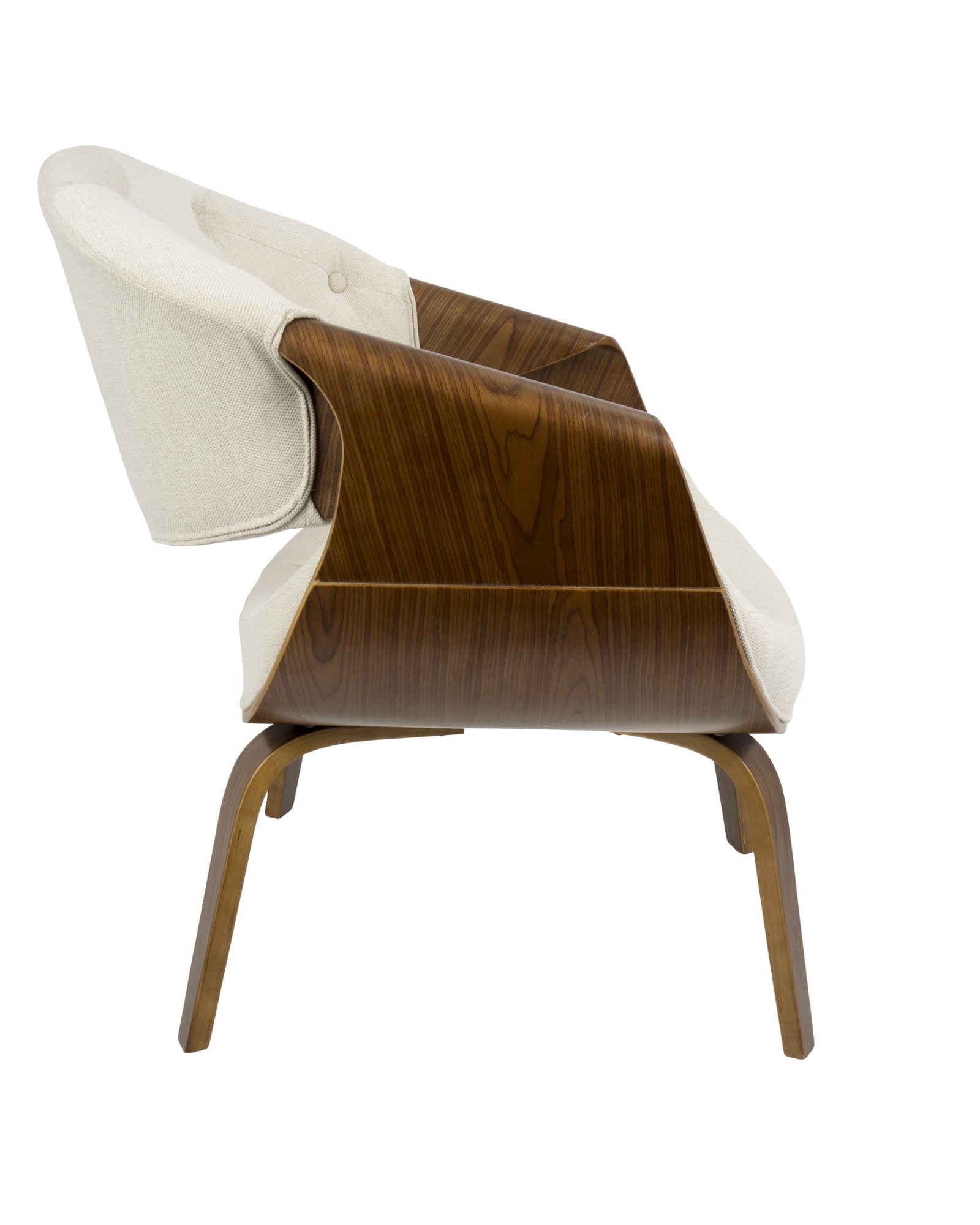 Curvo Mid-Century Modern Tufted Accent Chair in Walnut and Cream Fabric