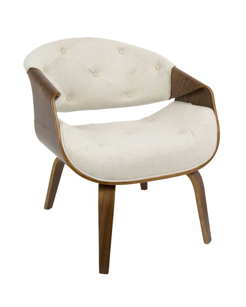 Curvo Mid-Century Modern Tufted Accent Chair in Walnut and Cream Fabric