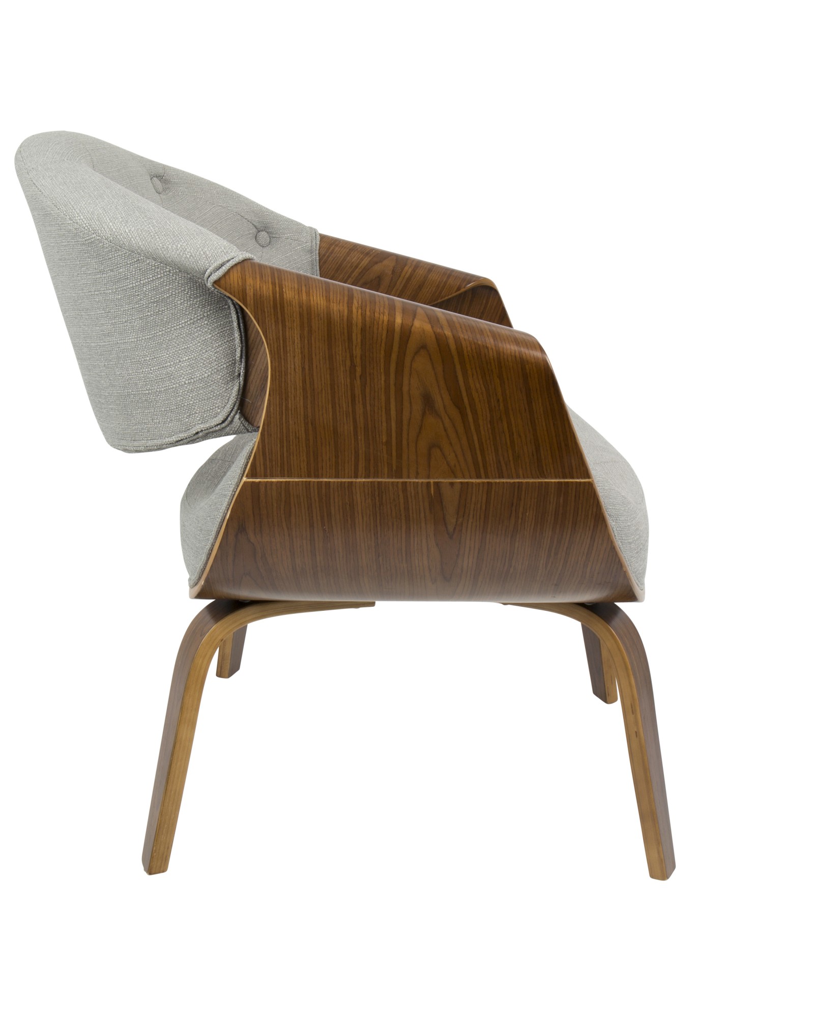 Curvo Mid-Century Modern Tufted Accent Chair in Walnut and Grey Fabric