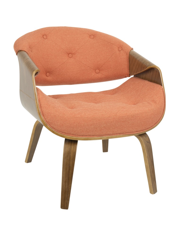 Curvo Mid-Century Modern Tufted Accent Chair in Walnut and Orange Fabric