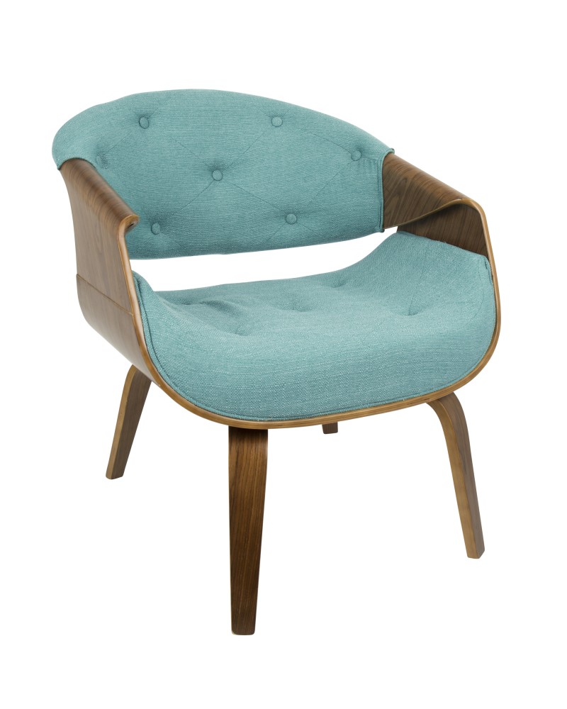 Curvo Mid-Century Modern Tufted Accent Chair in Walnut and Teal Fabric