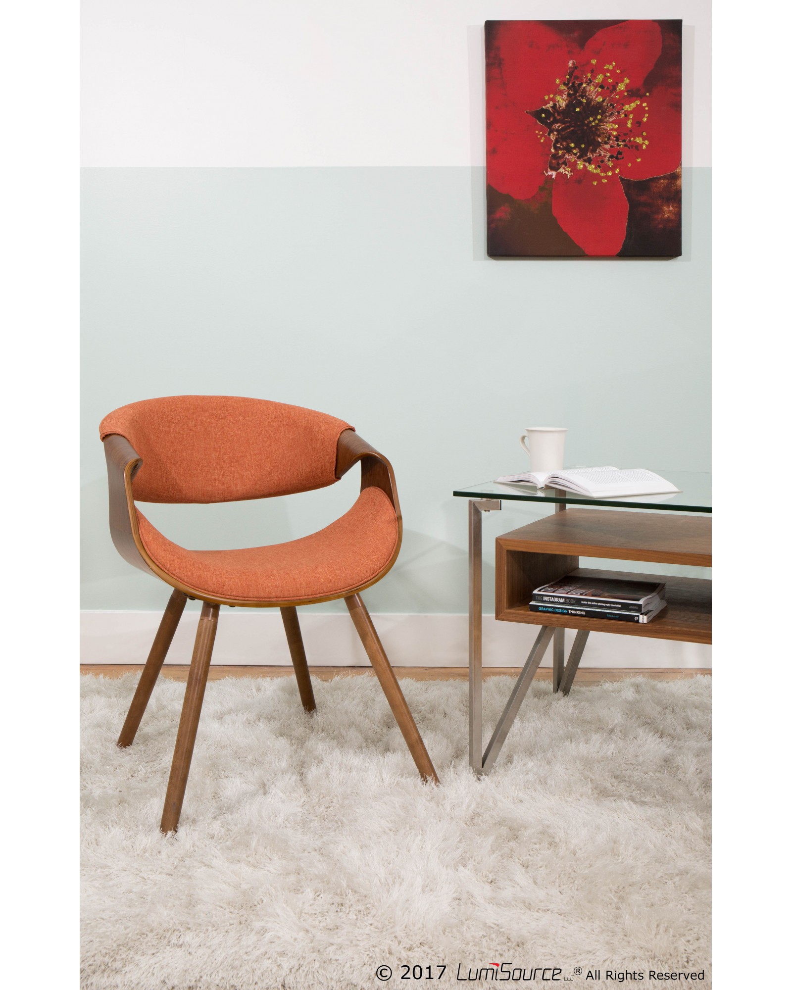 Curvo Mid-Century Modern Dining/Accent Chair in Walnut and Orange Fabric