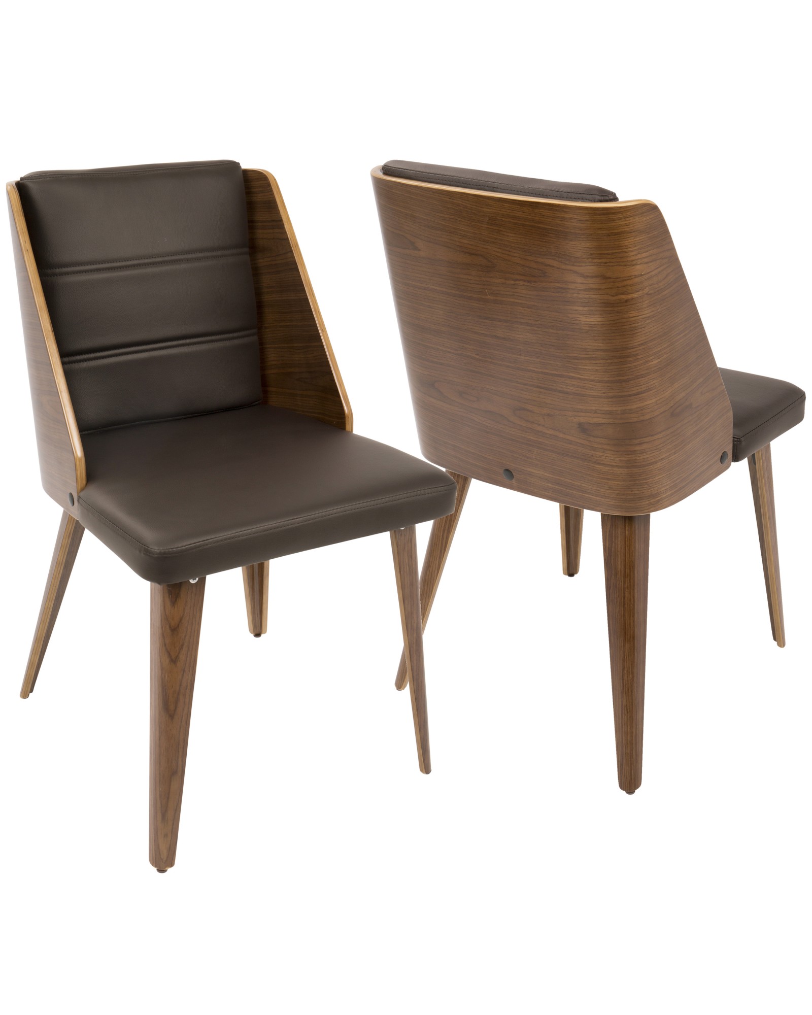 Galanti Mid-Century Modern Dining/Accent Chair in Walnut Wood and Brown Faux Leather - Set of 2