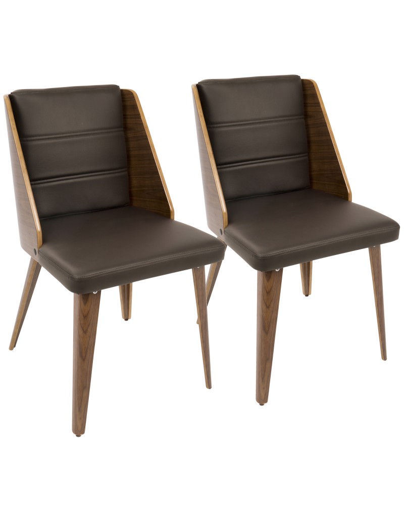 Galanti Mid-Century Modern Dining/Accent Chair in Walnut Wood and Brown Faux Leather - Set of 2