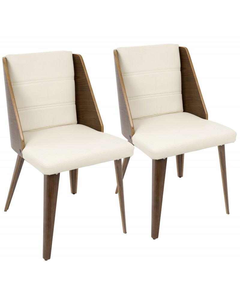 Galanti Mid-Century Modern Dining/Accent Chair in Walnut Wood and Cream Faux Leather - Set of 2