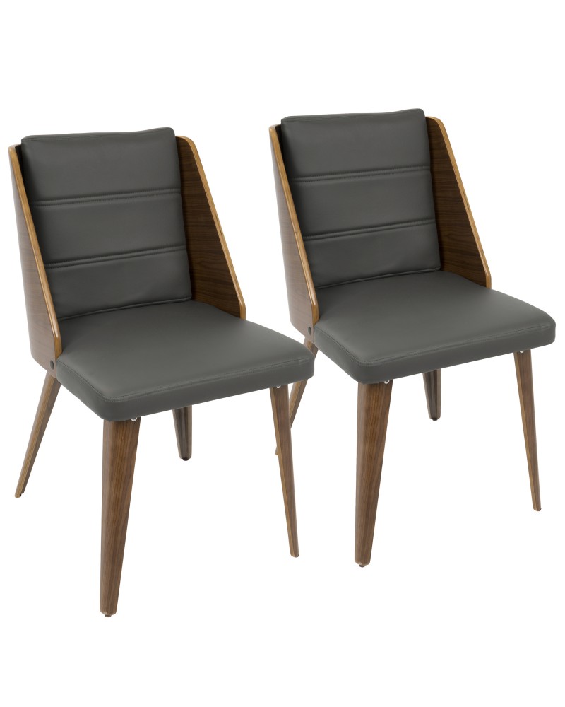 Galanti Mid-Century Modern Dining/Accent Chair in Walnut Wood and Grey Faux Leather - Set of 2