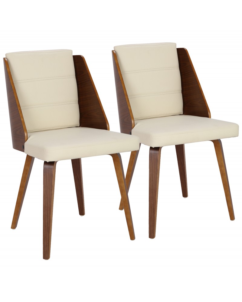 Galanti Mid-Century Modern Dining/Accent Chair in Walnut and Cream Faux Leather - Set of 2