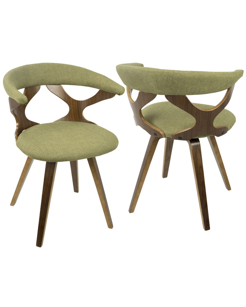 Gardenia Mid-Century Modern Dining/Accent Chair with Swivel in Walnut Wood and Green Fabric