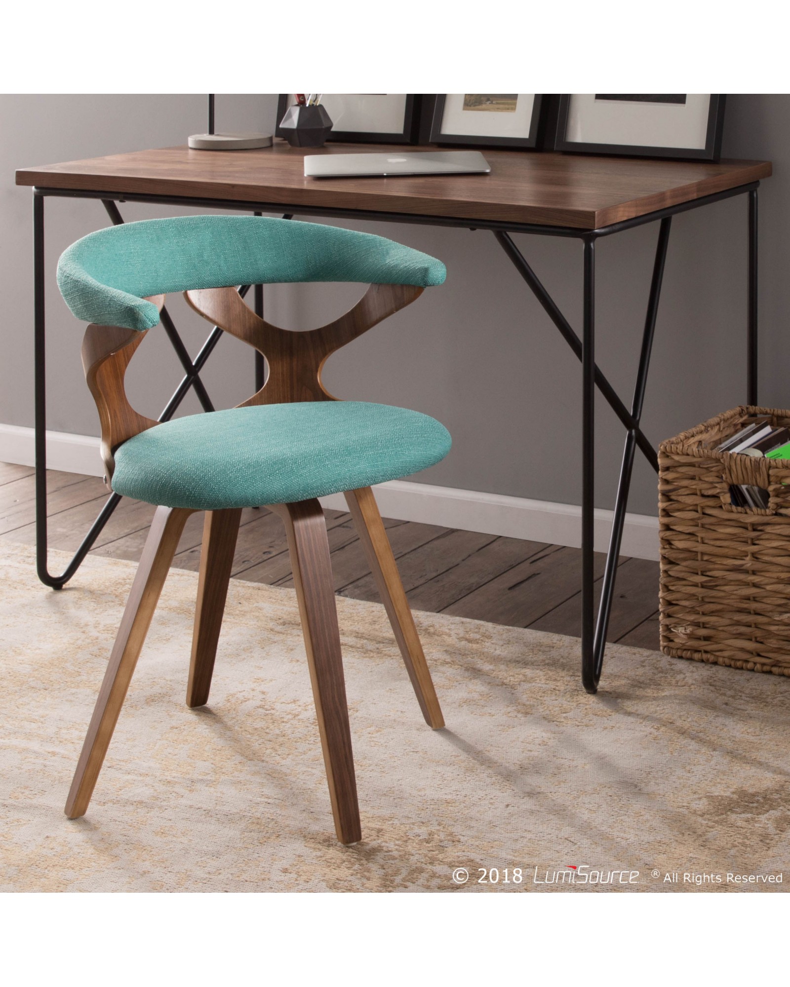 Gardenia Mid-Century Modern Dining/Accent Chair with Swivel in Walnut Wood and Teal Fabric
