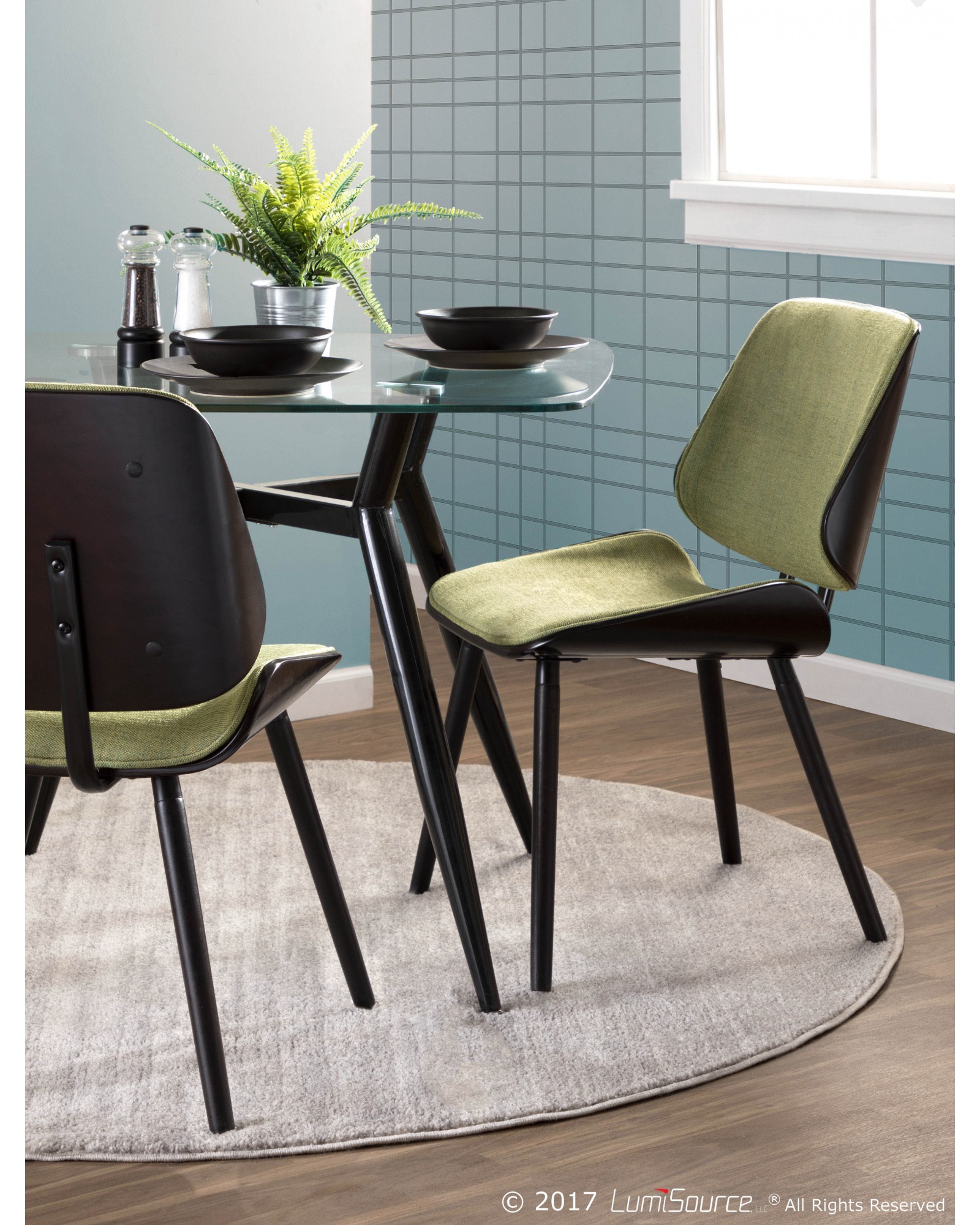 Lombardi Mid-Century Modern Dining/Accent Chair in Espresso with Green Fabric - Set of 2