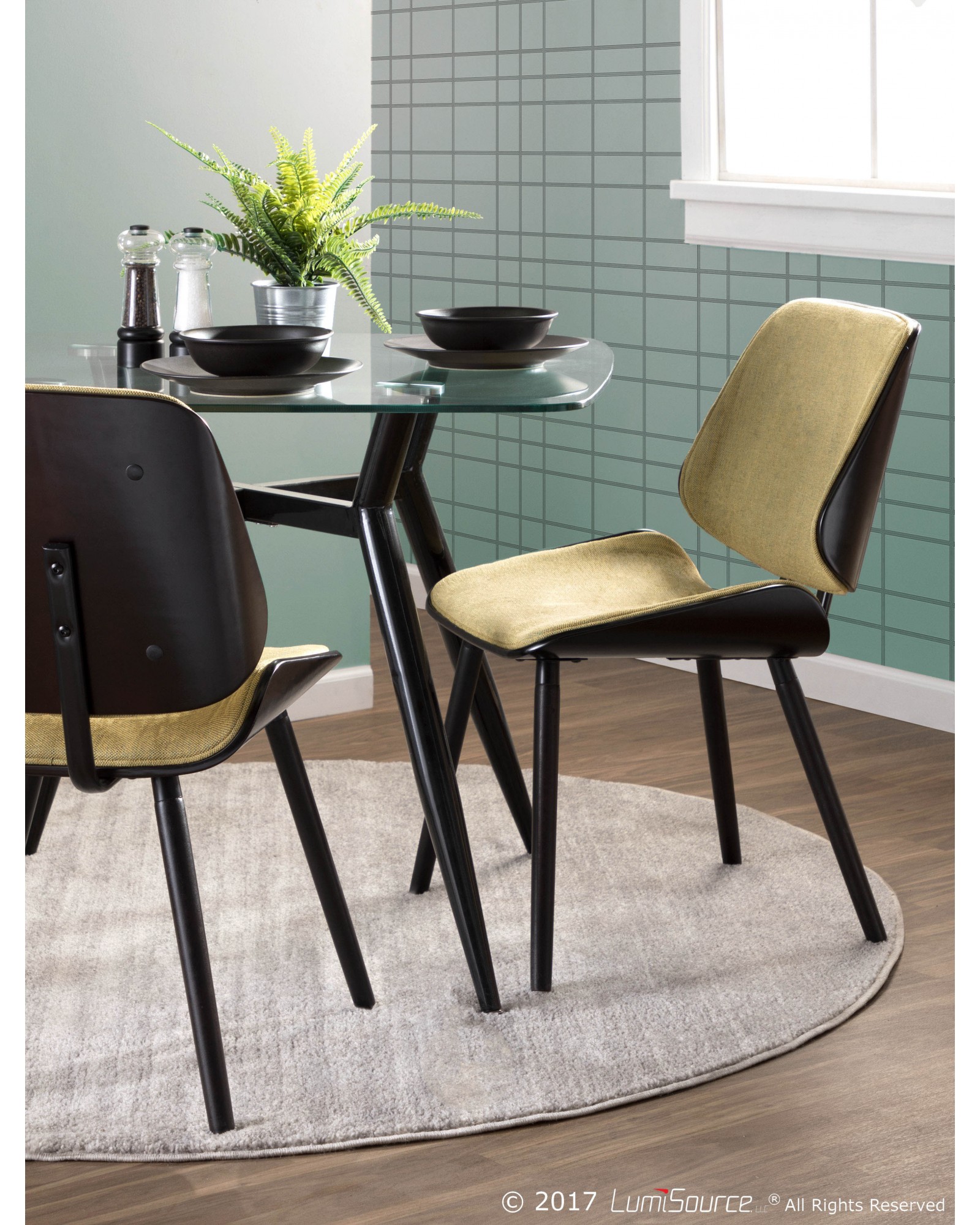 Lombardi Mid-Century Modern Dining/Accent Chair in Espresso with Yellow Fabric - Set of 2