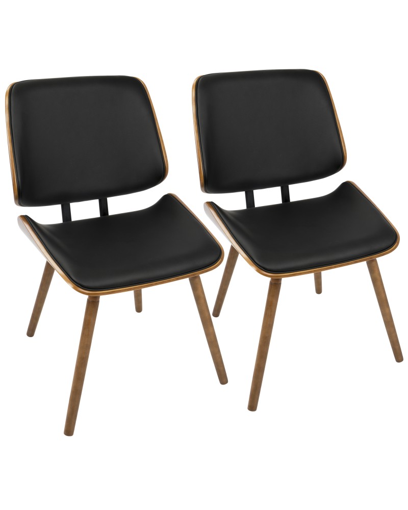 Lombardi Mid-Century Modern Dining/Accent Chair in Walnut with Black Faux Leather - Set of 2