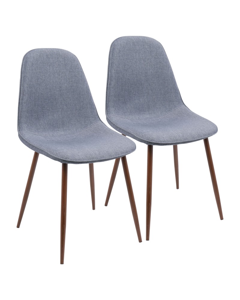 Pebble Mid-Century Modern Dining/Accent Chair in Walnut and Blue Fabric - Set of 2