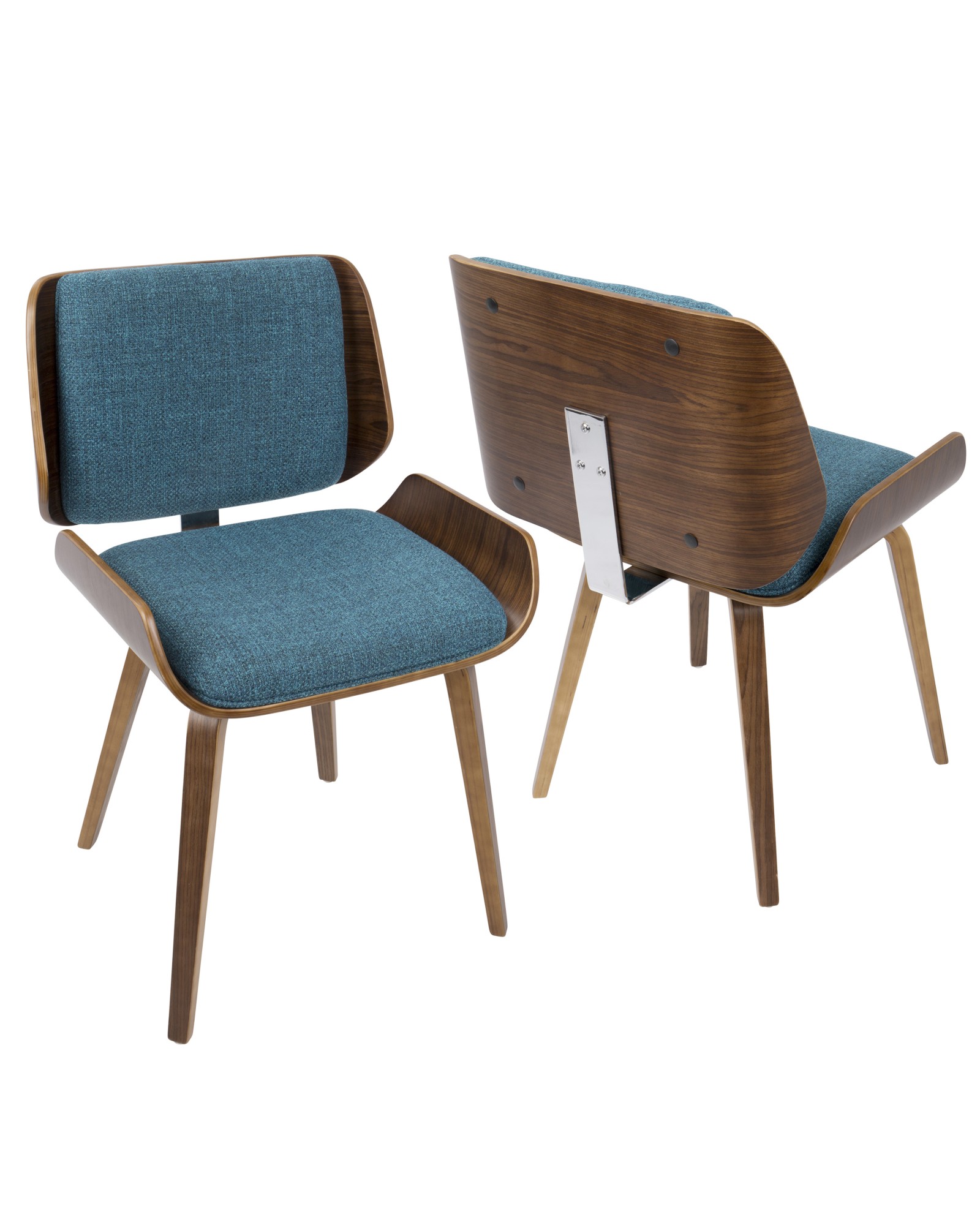 Santi Mid-Century Modern Dining/Accent Chair in Walnut with Turquoise Fabric - Set of 2