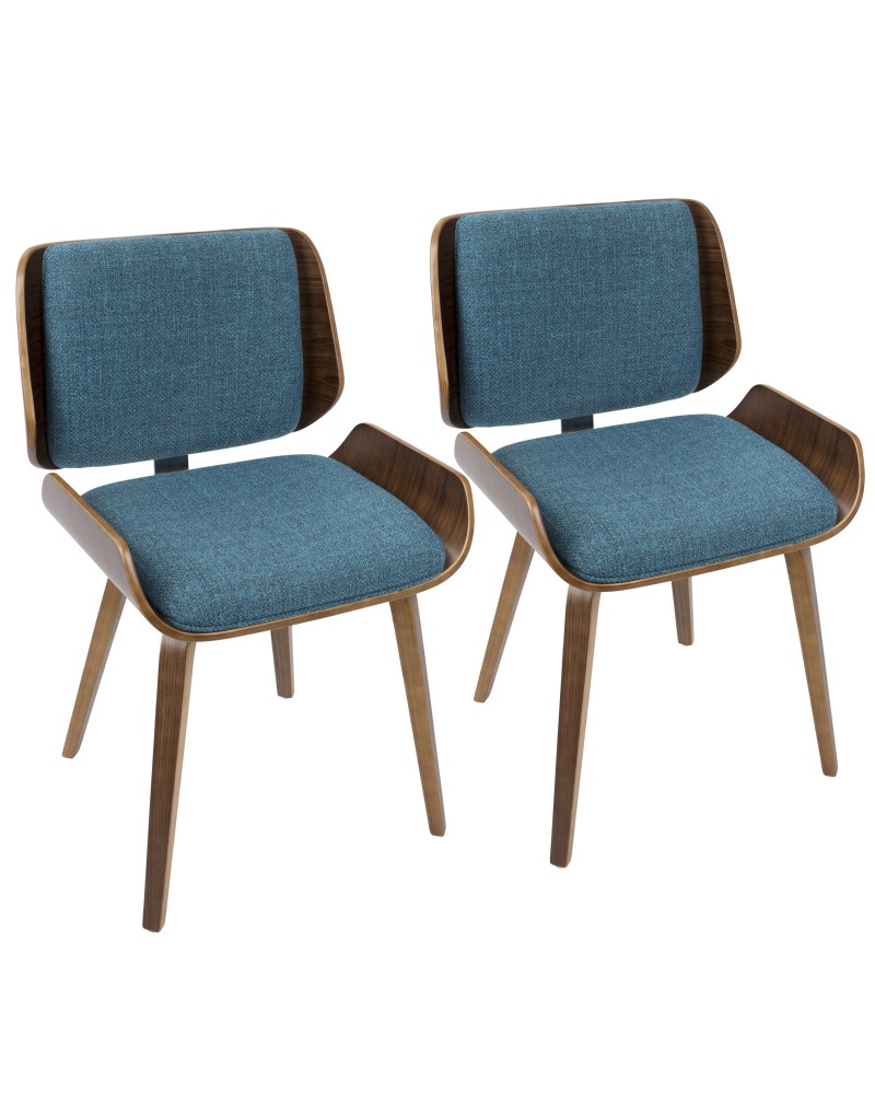 Santi Mid-Century Modern Dining/Accent Chair in Walnut with Turquoise Fabric - Set of 2