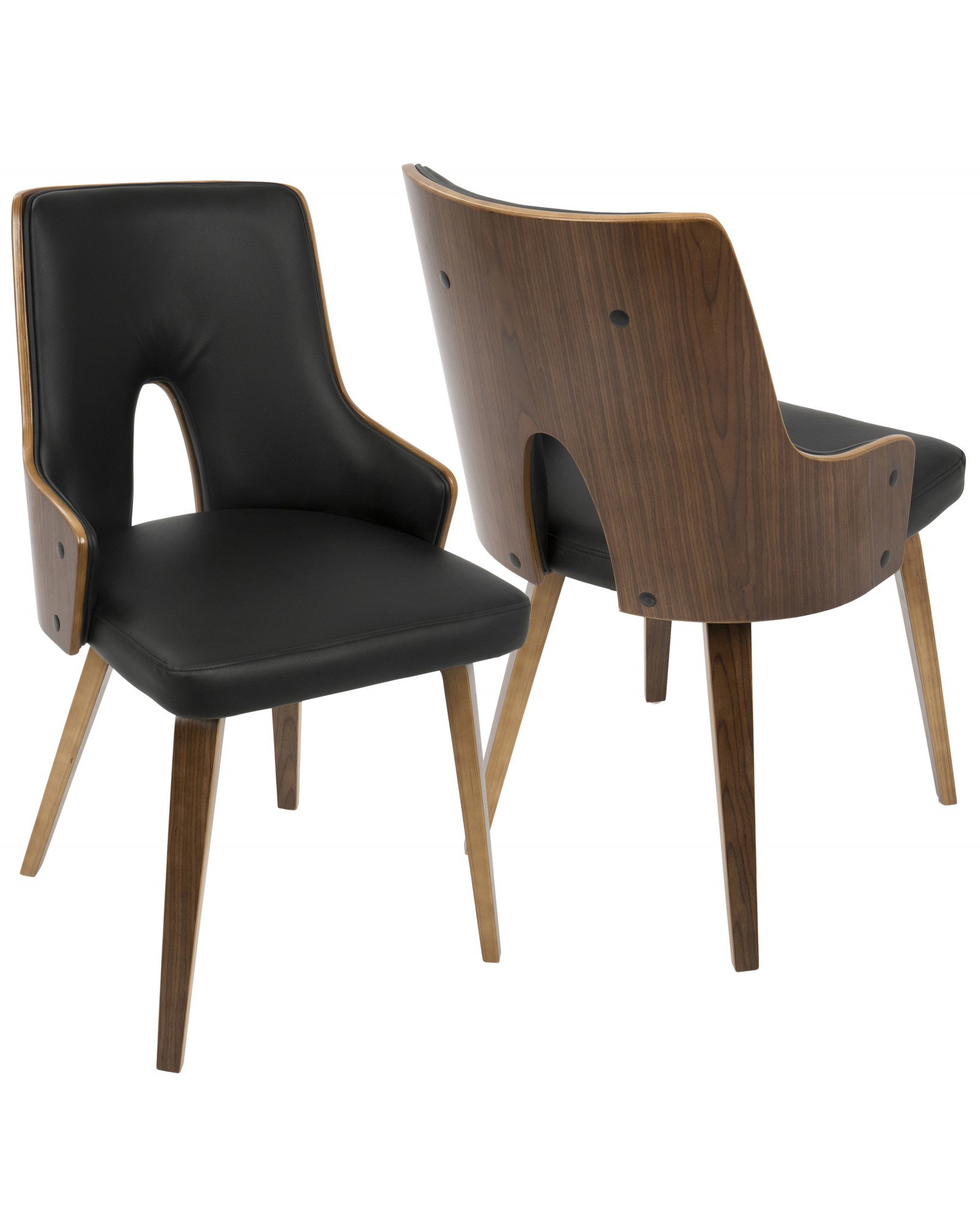 Stella Mid-Century Modern Dining/Accent Chair in Walnut with Black Faux Leather - Set of 2