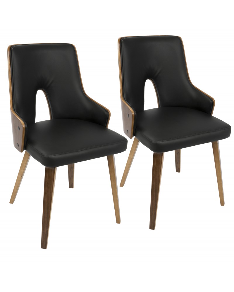 Stella Mid-Century Modern Dining/Accent Chair in Walnut with Black Faux Leather - Set of 2