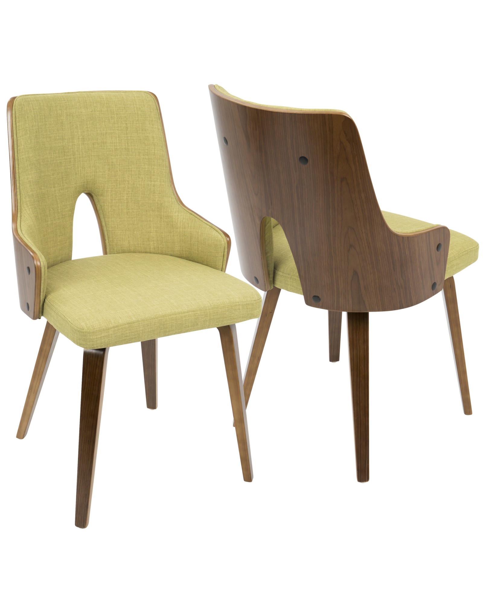 Stella Mid-Century Modern Dining/Accent Chair in Walnut with Green Fabric - Set of 2