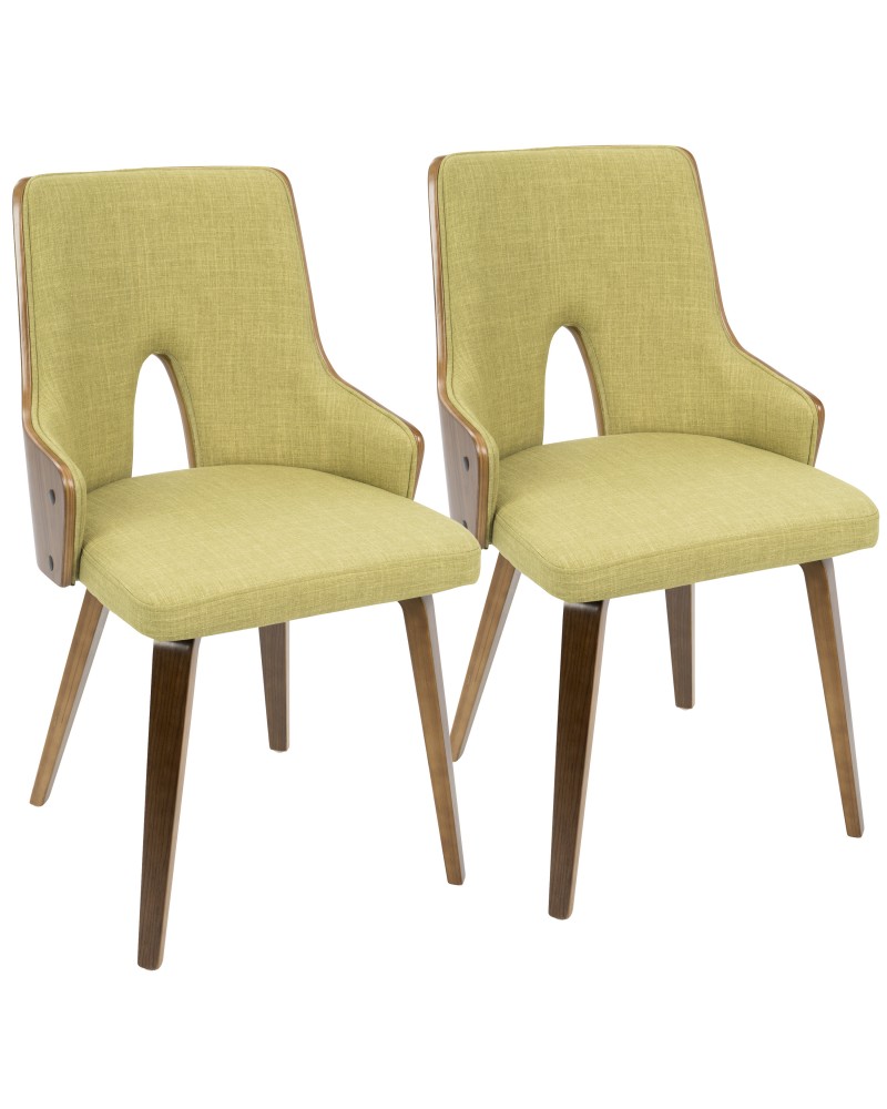 Stella Mid-Century Modern Dining/Accent Chair in Walnut with Green Fabric - Set of 2