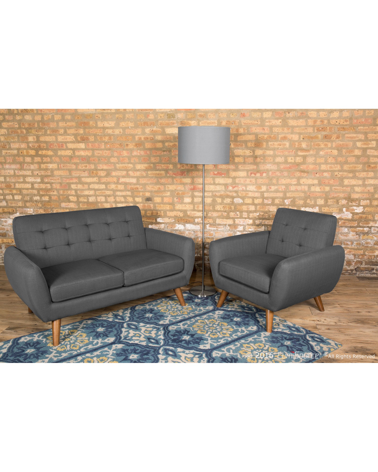 Hemingway Mid-Century Modern Settee in Charcoal Grey