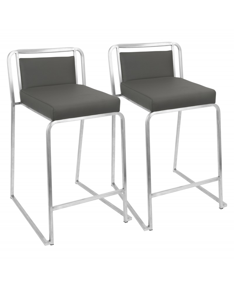 Cascade Contemporary Stackable Counter Stool in Grey Faux Leather - Set of 2