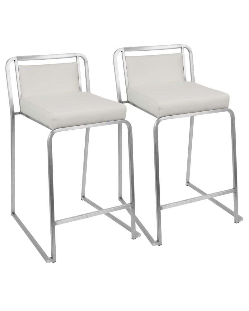 Cascade Contemporary Stackable Counter Stool in White Faux Leather - Set of 2