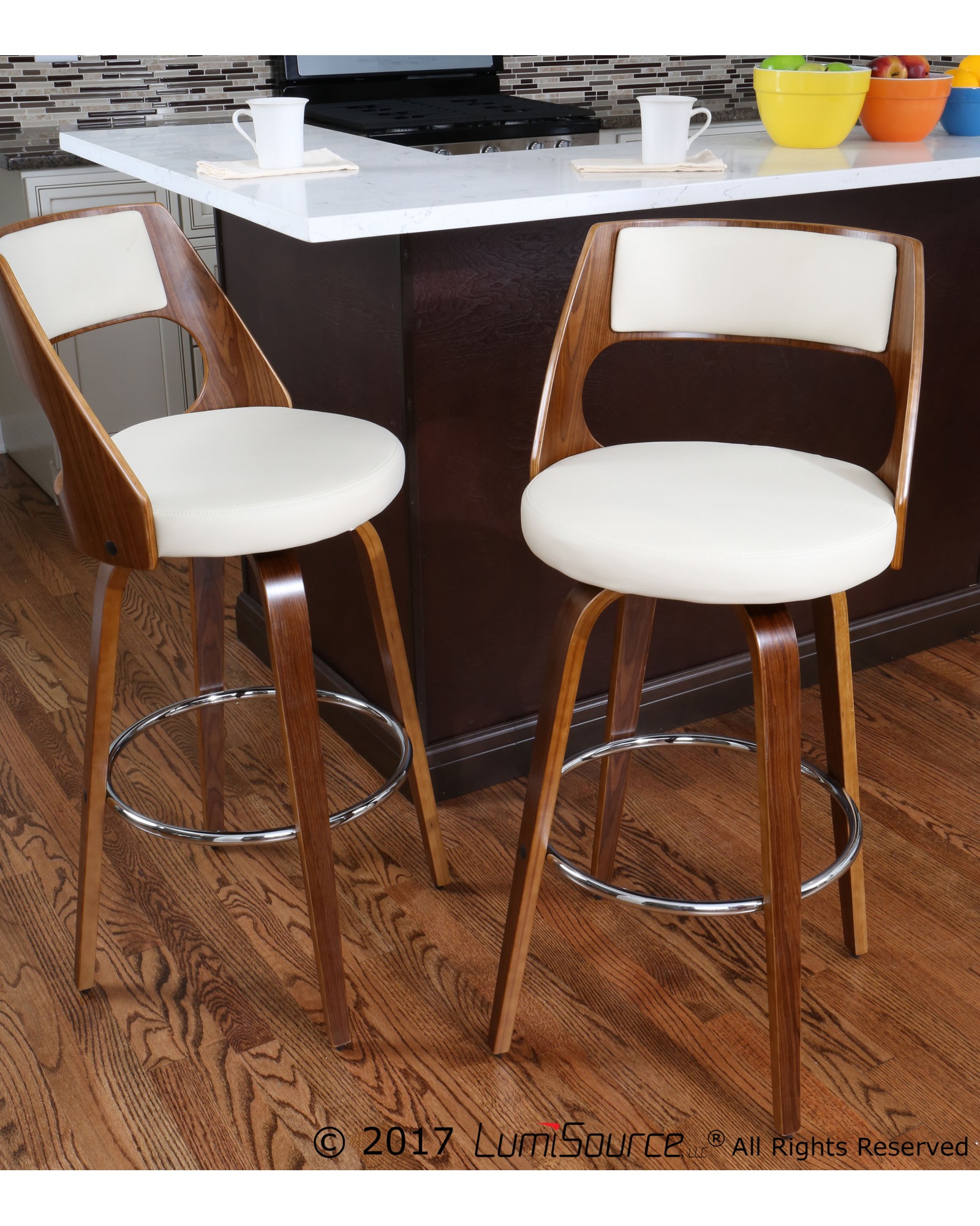 Cecina Mid-Century Modern Counter Stool with Swivel in Walnut And Cream Faux Leather