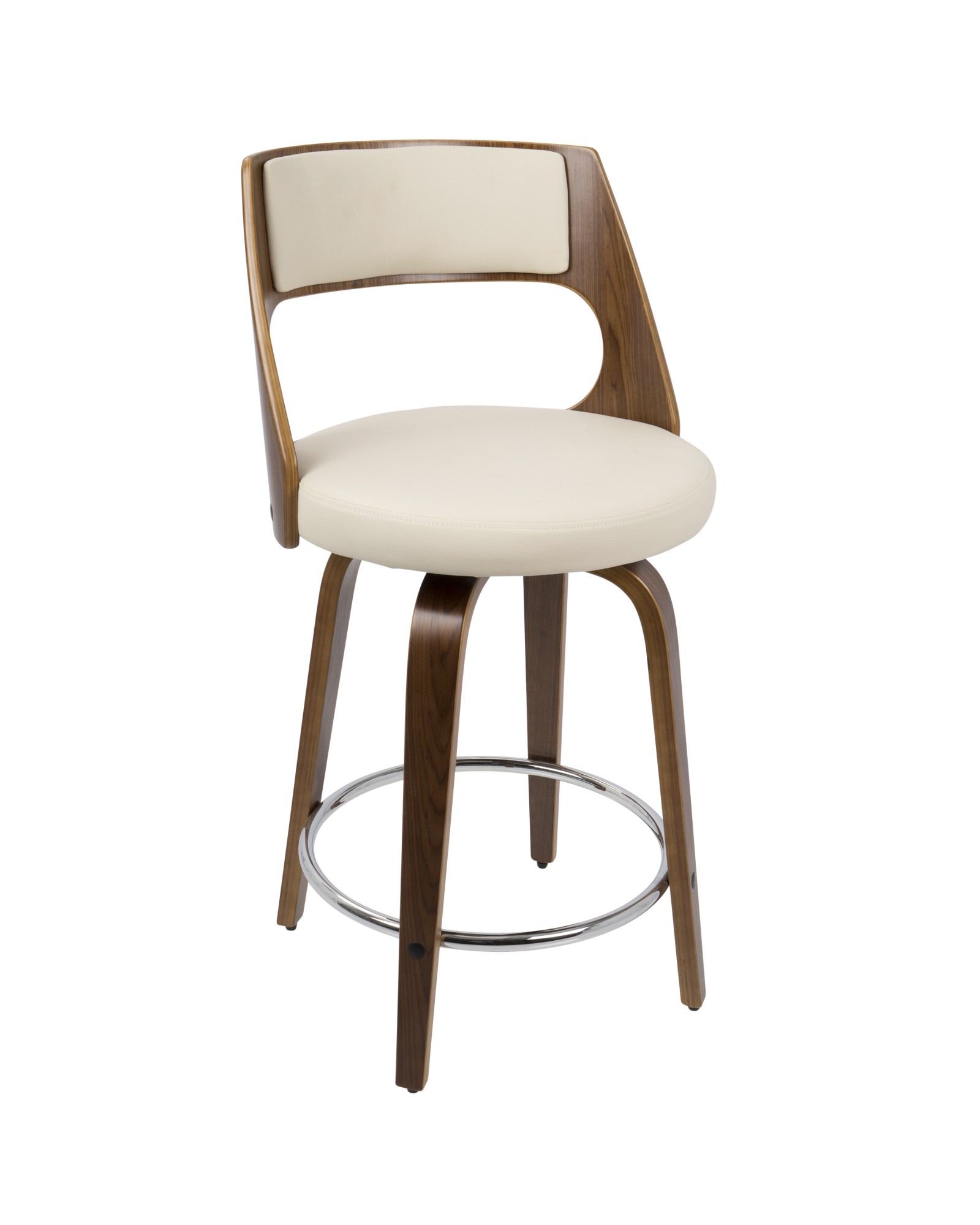 Cecina Mid-Century Modern Counter Stool with Swivel in Walnut And Cream Faux Leather