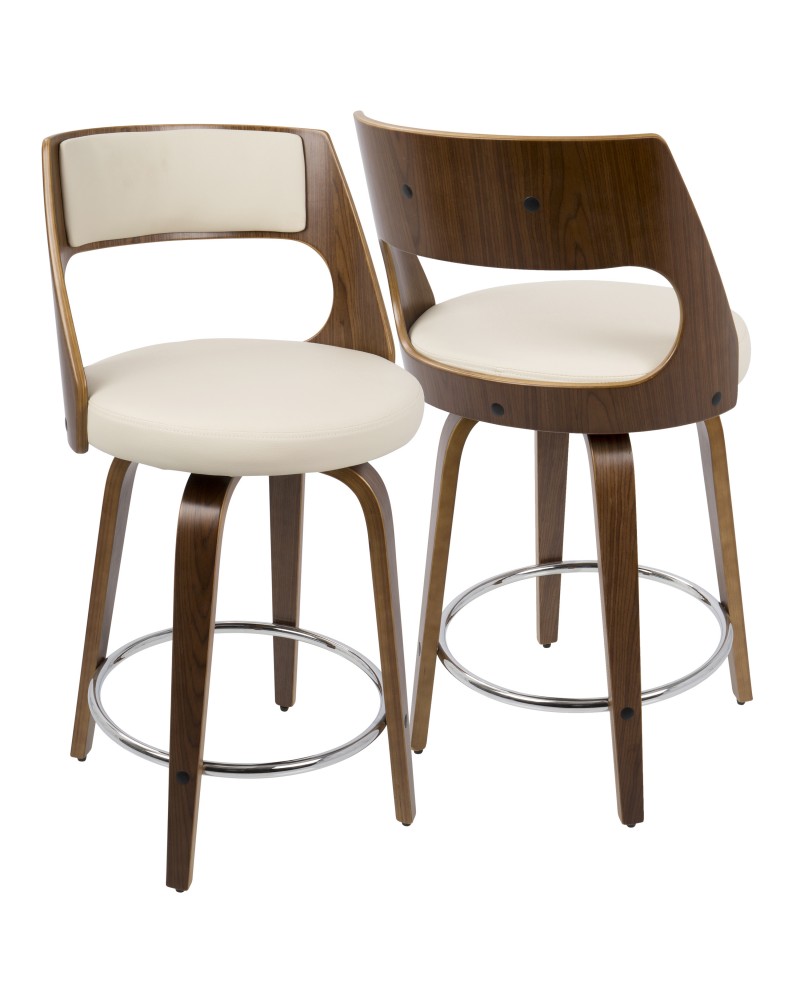 Cecina Mid-Century Modern Counter Stool with Swivel in Walnut And Cream Faux Leather