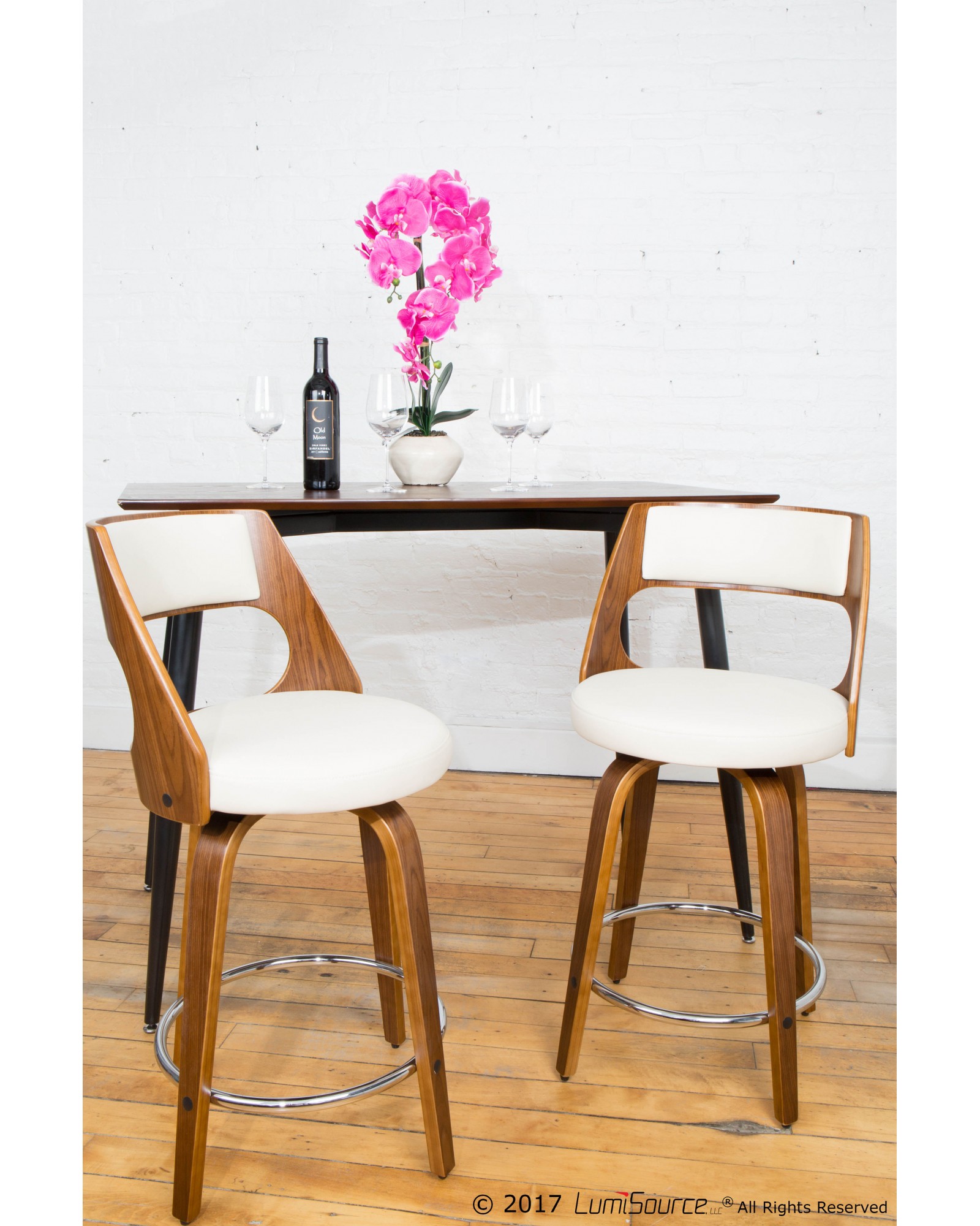 Cecina Mid-Century Modern Counter Stool with Swivel in Walnut And Cream Faux Leather