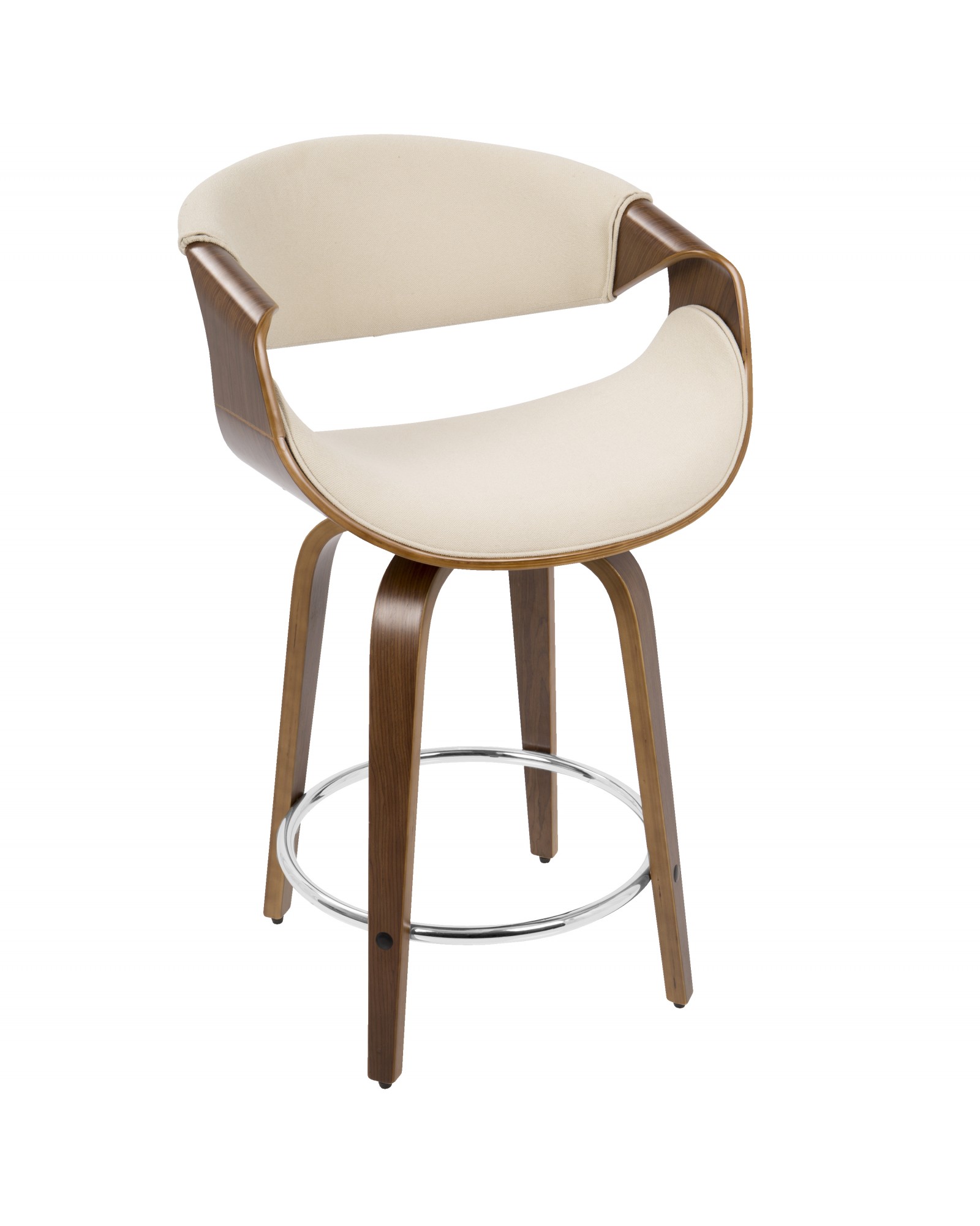 Curvini Mid-Century Modern Counter Stool in Walnut Wood and Cream Fabric