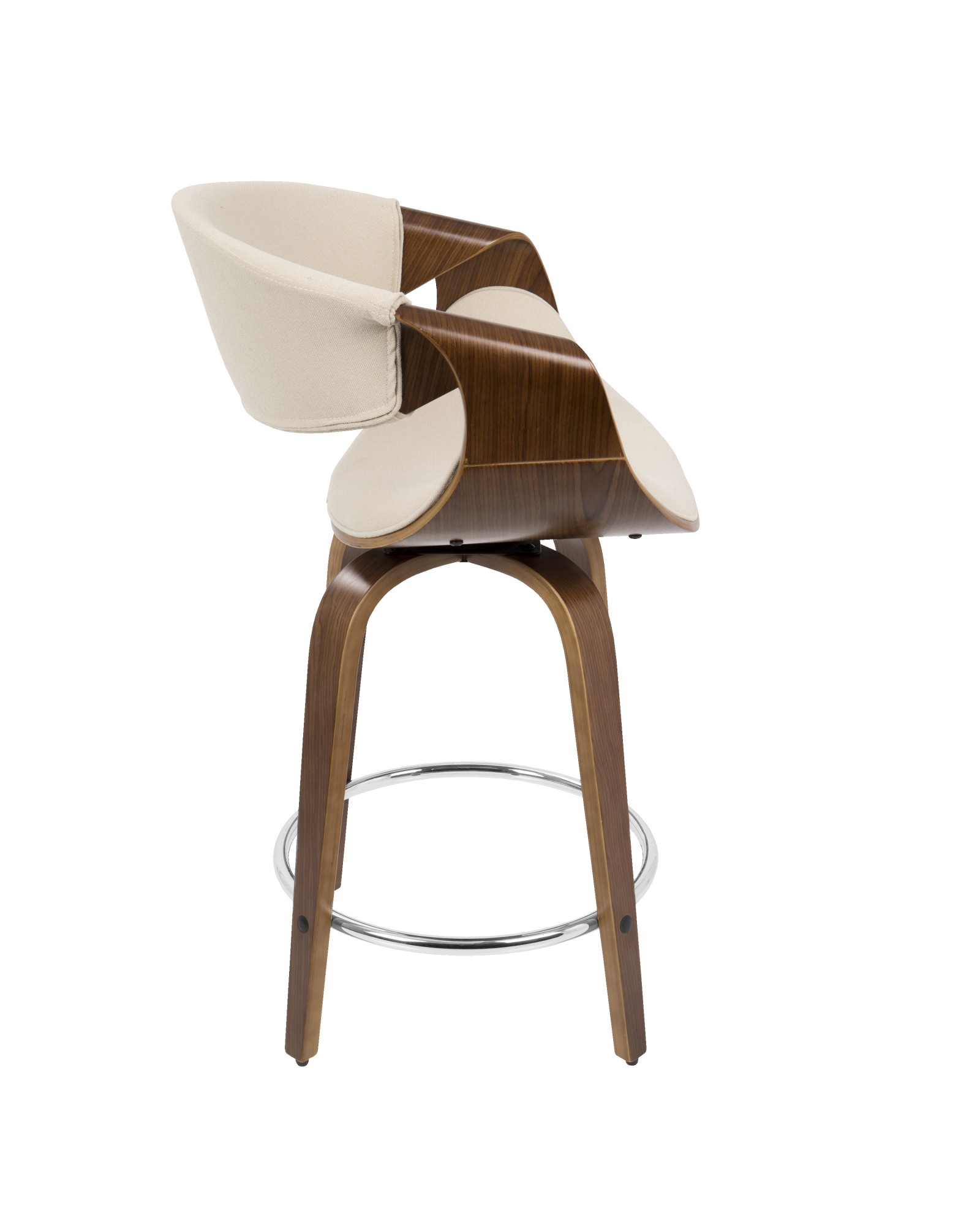 Curvini Mid-Century Modern Counter Stool in Walnut Wood and Cream Fabric