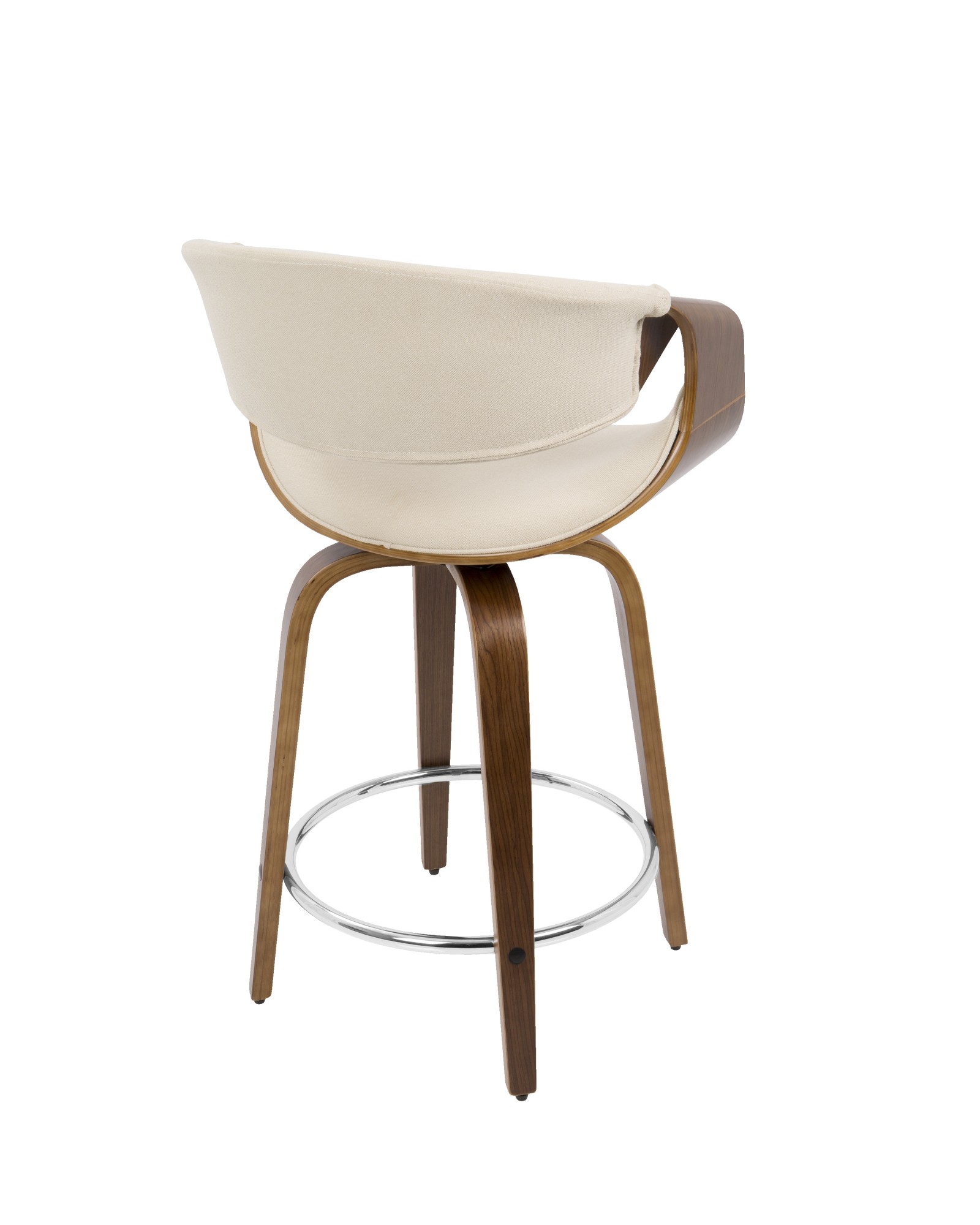 Curvini Mid-Century Modern Counter Stool in Walnut Wood and Cream Fabric