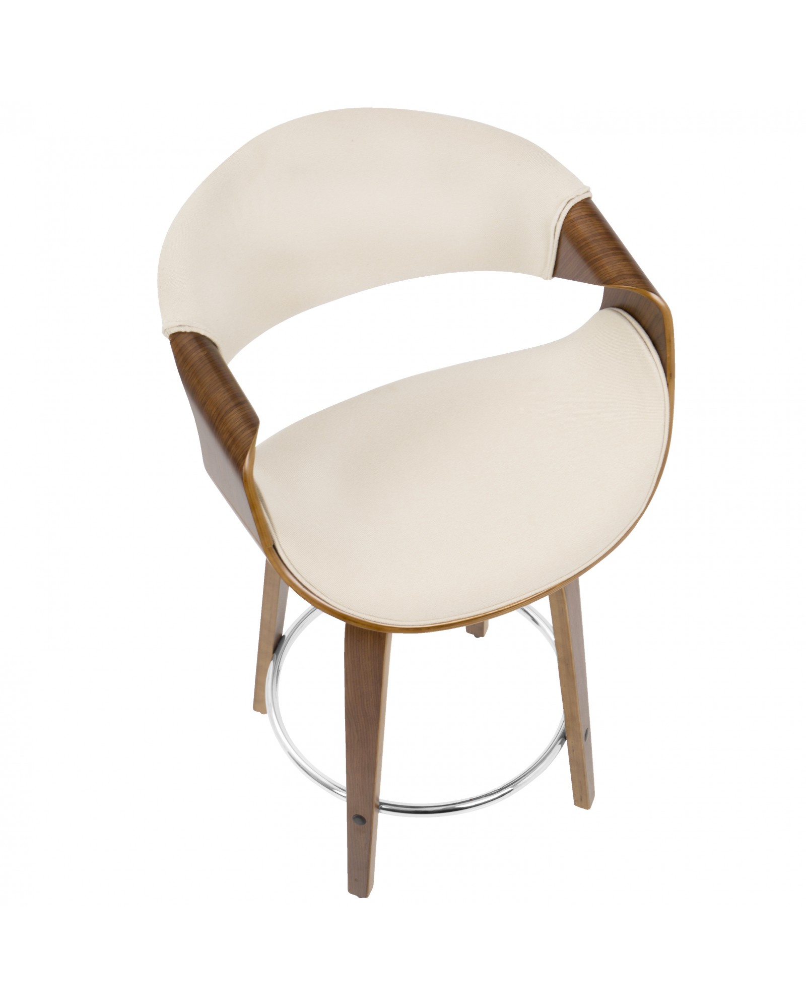 Curvini Mid-Century Modern Counter Stool in Walnut Wood and Cream Fabric