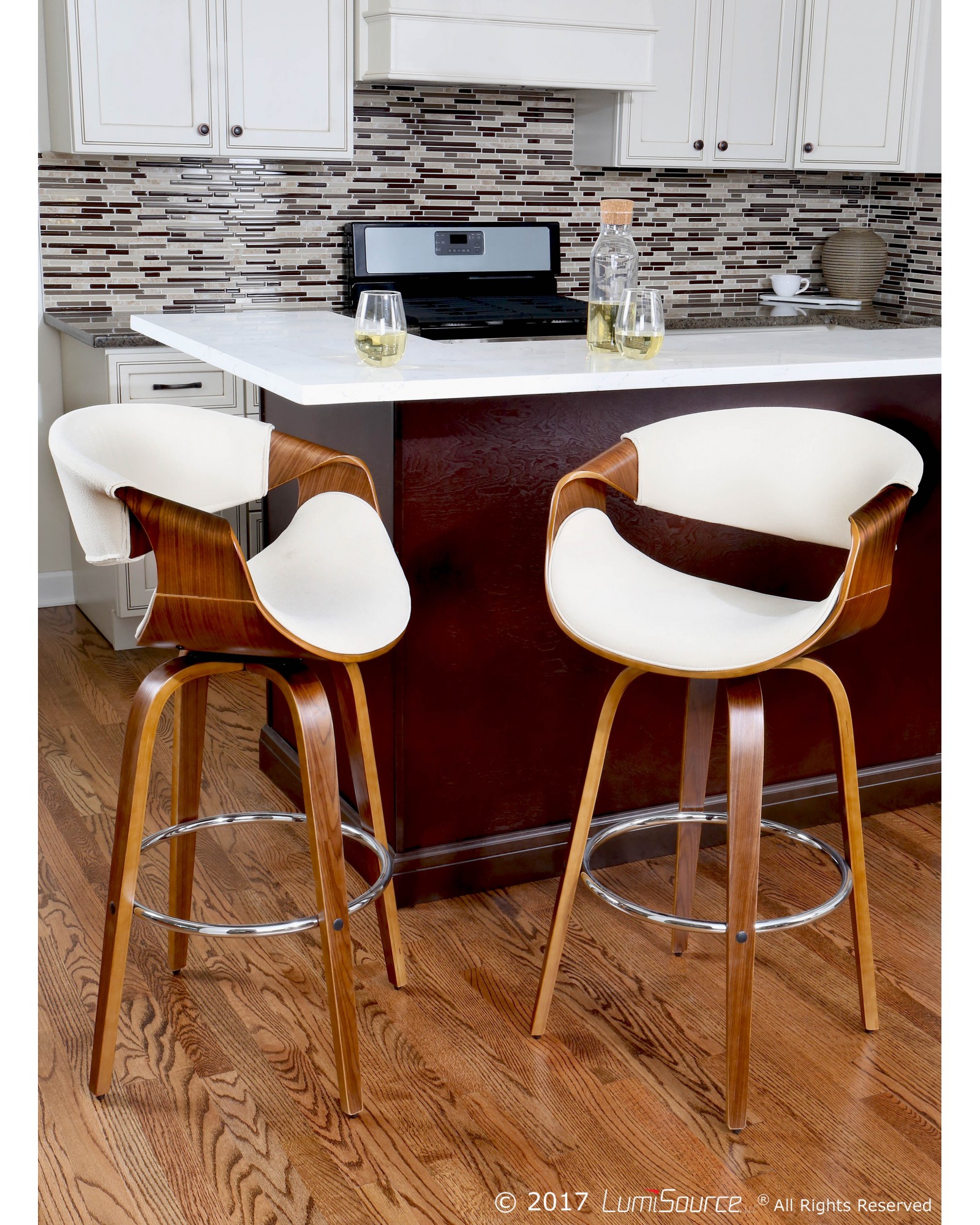 Curvini Mid-Century Modern Counter Stool in Walnut Wood and Cream Fabric